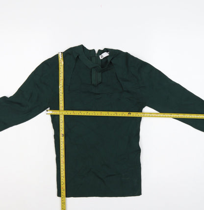 Zara Women Green L Rib Knit 1/4 Zip Ruffle Neck Jumper