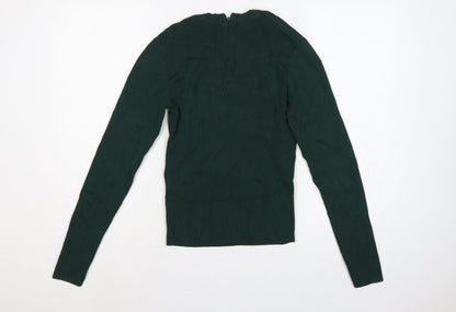 Zara Women Green L Rib Knit 1/4 Zip Ruffle Neck Jumper