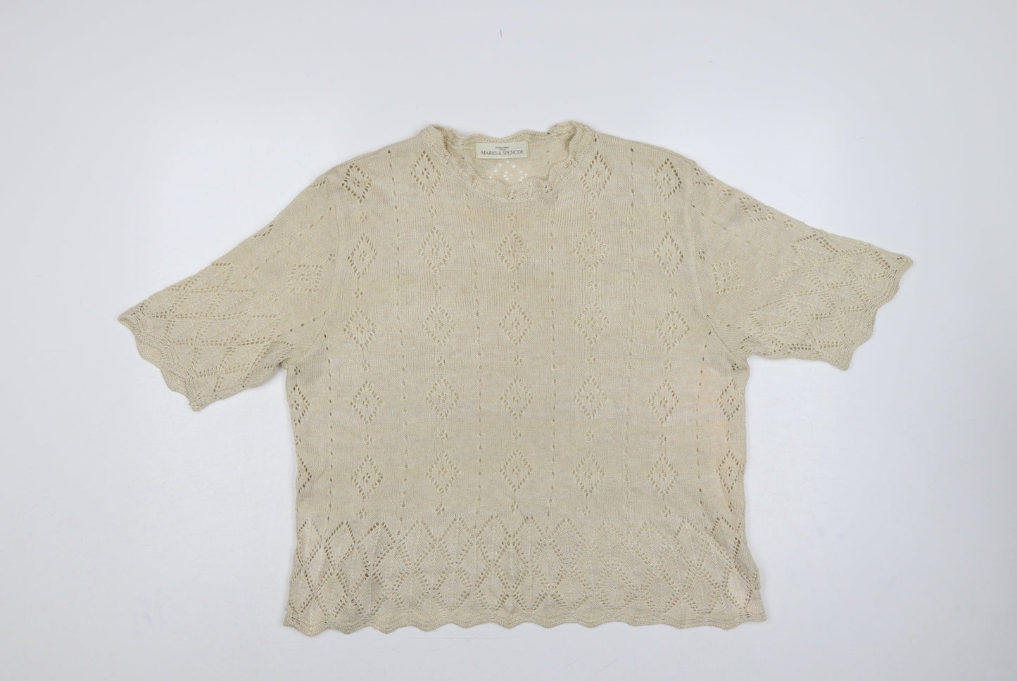 Marks & Spencer Women Beige UK 18 Linen Blend Open-Knit Short Sleeve Jumper
