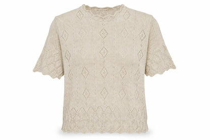 Marks & Spencer Women Beige UK 18 Linen Blend Open-Knit Short Sleeve Jumper