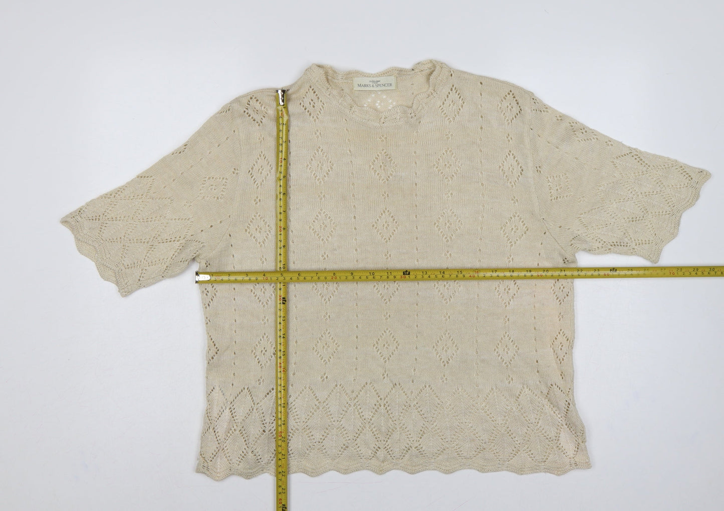 Marks & Spencer Women Beige UK 18 Linen Blend Open-Knit Short Sleeve Jumper