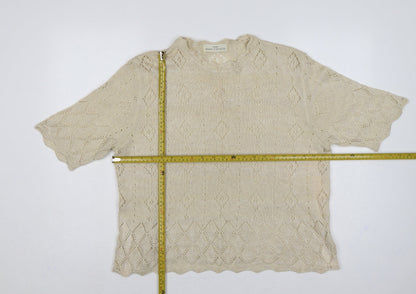 Marks & Spencer Women Beige UK 18 Linen Blend Open-Knit Short Sleeve Jumper