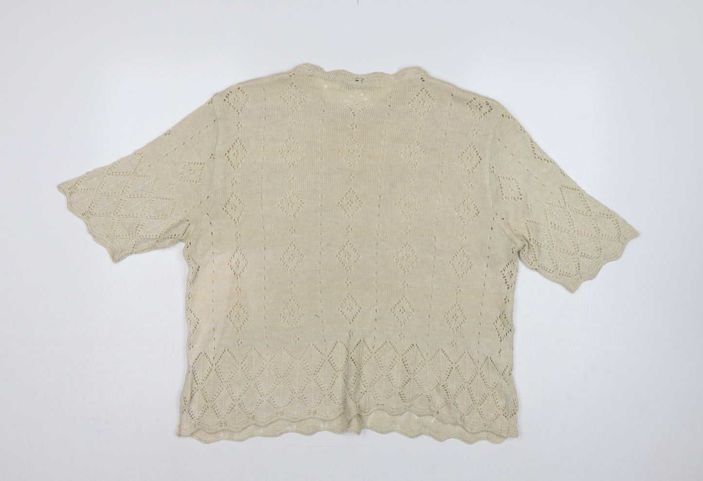 Marks & Spencer Women Beige UK 18 Linen Blend Open-Knit Short Sleeve Jumper