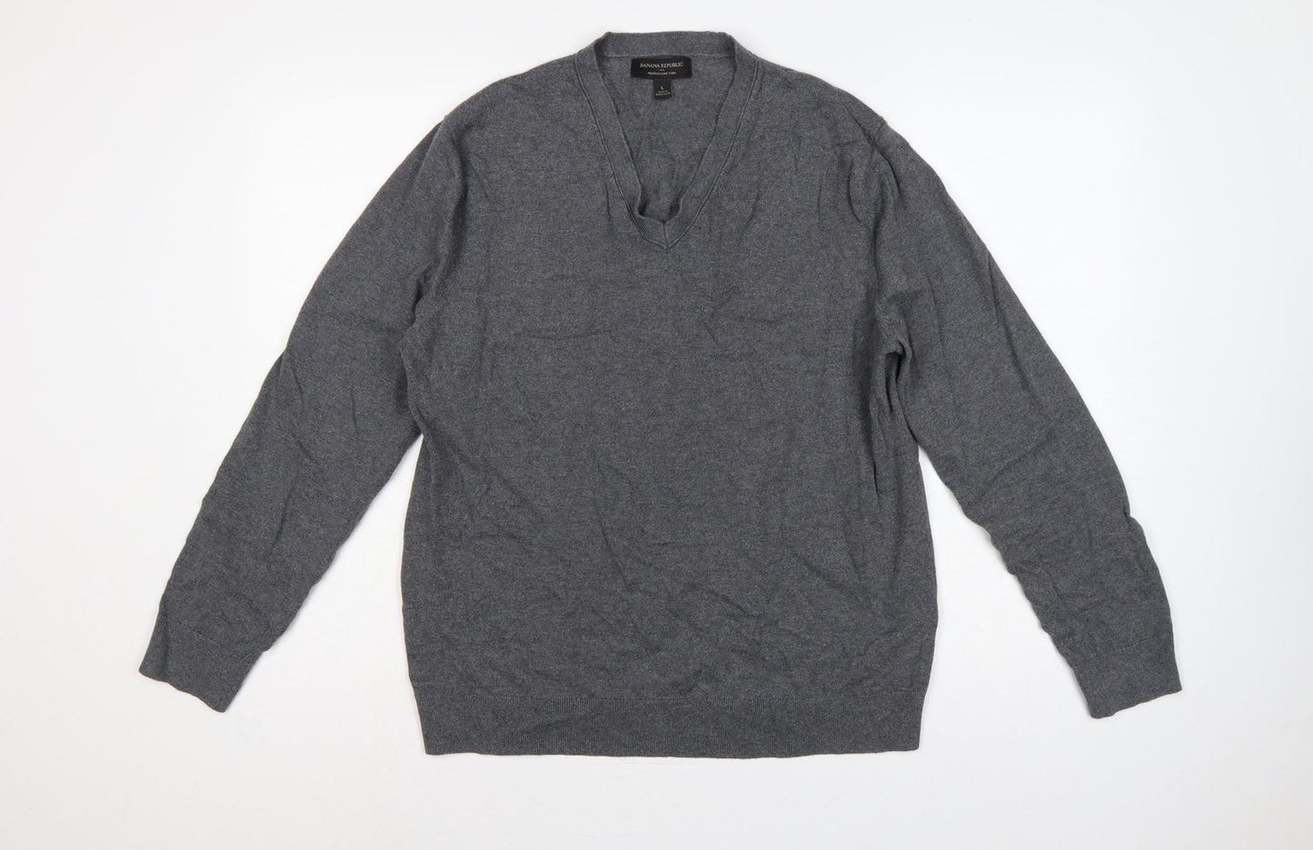 Banana Republic Men’s Grey L V-Neck Cotton Cashmere Pullover Jumper