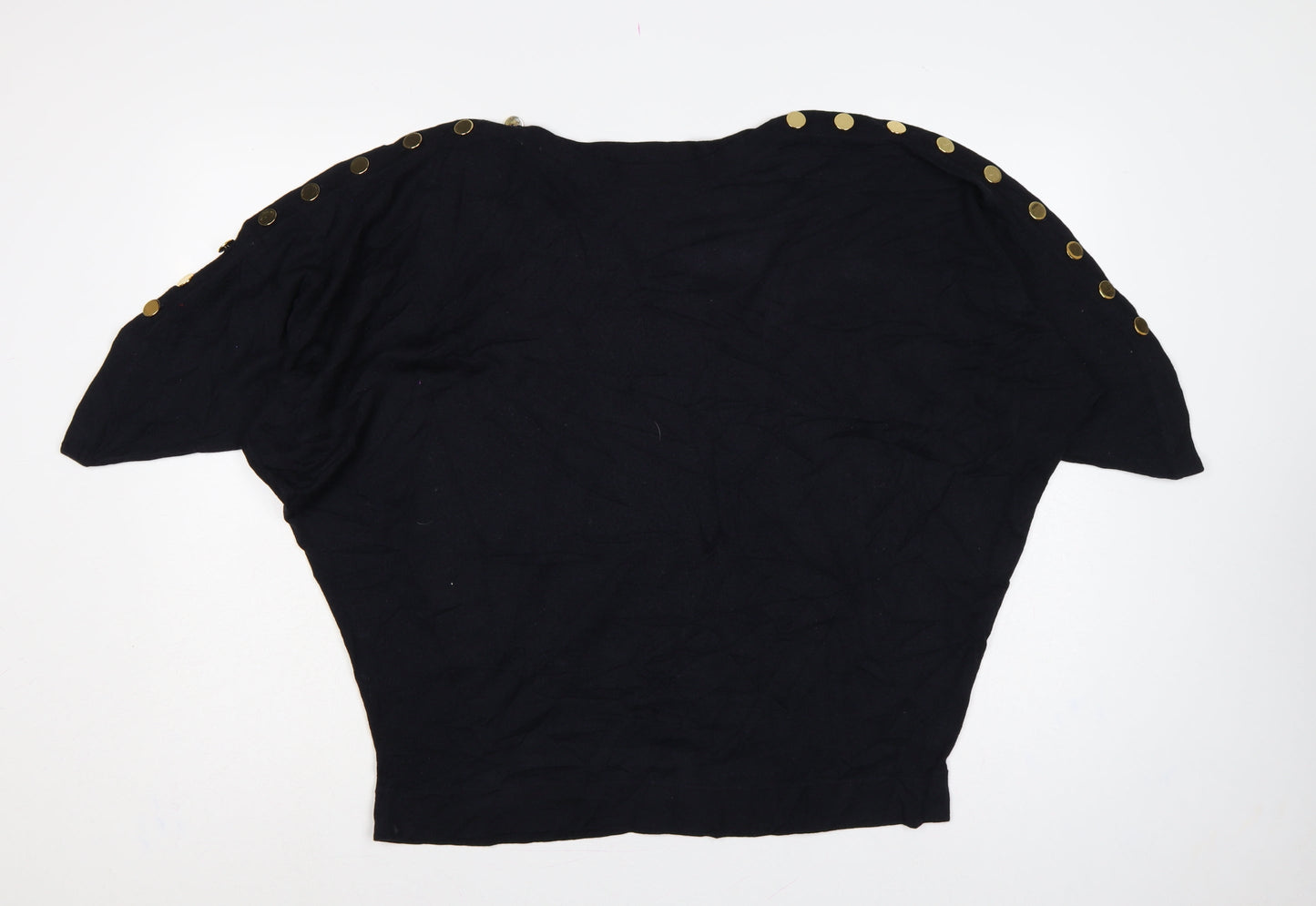 Jaeger Women’s Black XL Wool Batwing Pullover Gold Button Jumper