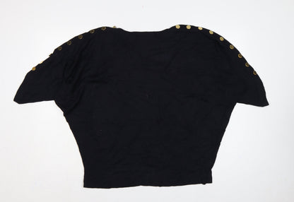 Jaeger Women’s Black XL Wool Batwing Pullover Gold Button Jumper