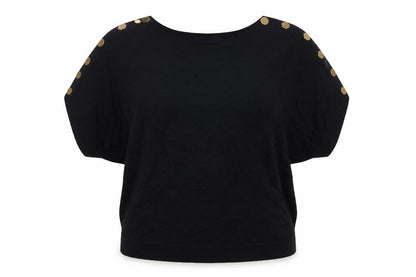 Jaeger Women’s Black XL Wool Batwing Pullover Gold Button Jumper