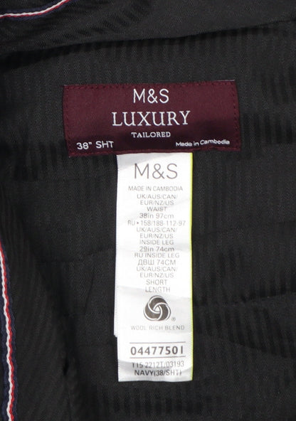 M&S Luxury Men’s Navy 38 Short Wool Blend Tailored Dress Trousers