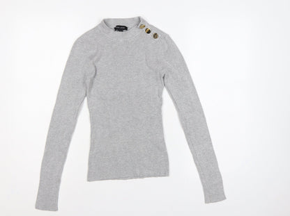 New Look Women Grey UK 8 Ribbed Mock Neck Button Slim Jumper