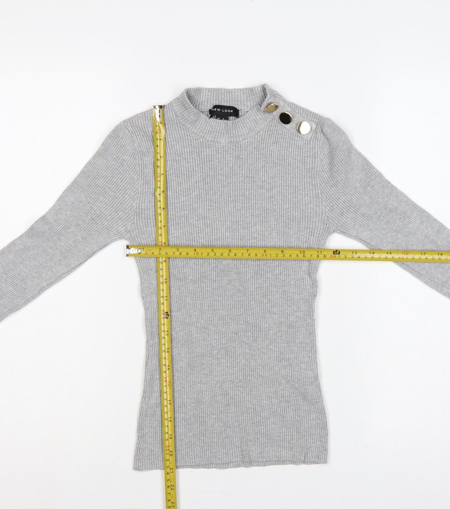 New Look Women Grey UK 8 Ribbed Mock Neck Button Slim Jumper