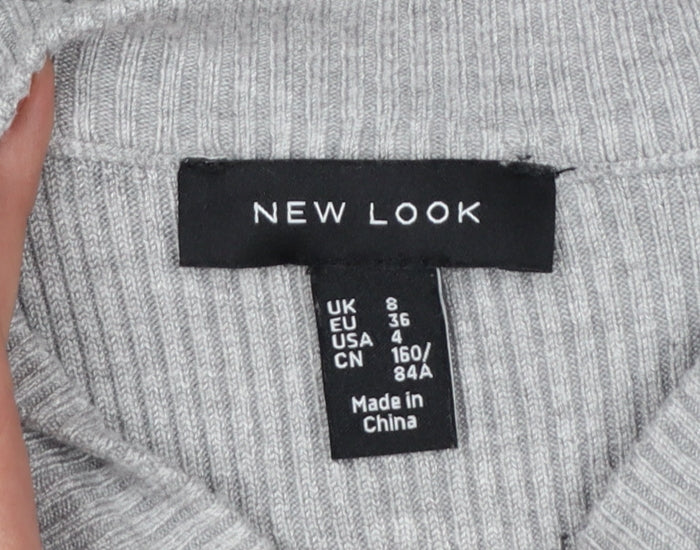 New Look Women Grey UK 8 Ribbed Mock Neck Button Slim Jumper