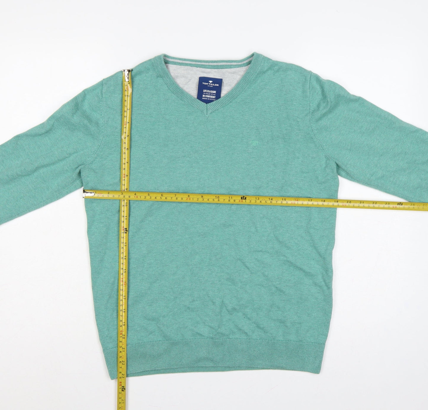 Tom Tailor Men’s Green M V-Neck Cotton Knit Pullover Jumper