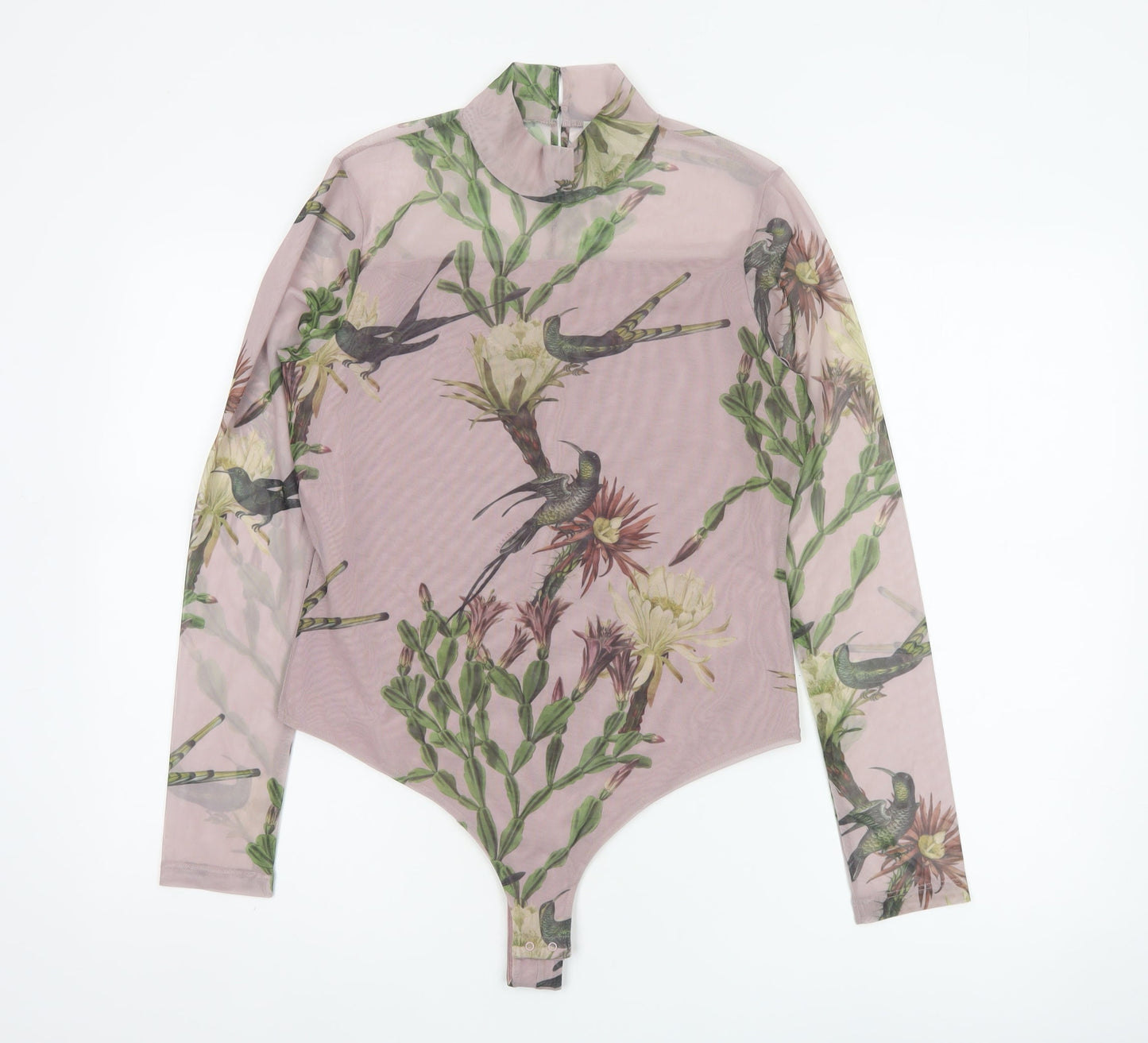AllSaints Women Pink Floral Bird Mesh Bodysuit UK 12 Long Sleeve