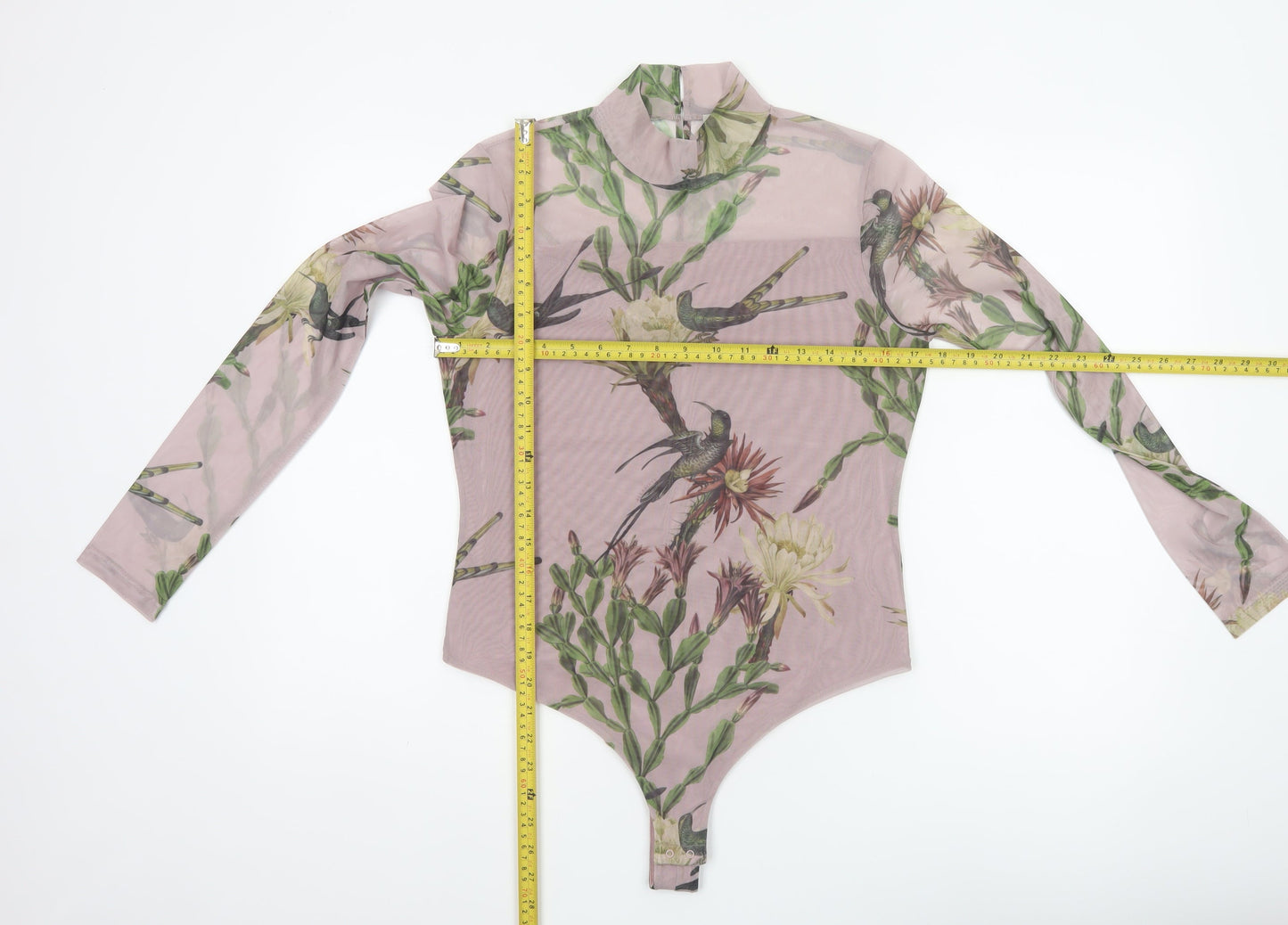 AllSaints Women Pink Floral Bird Mesh Bodysuit UK 12 Long Sleeve