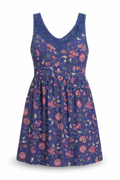 FatFace Women Blue Floral Size 12 Fit & Flare V-Neck Crochet Dress