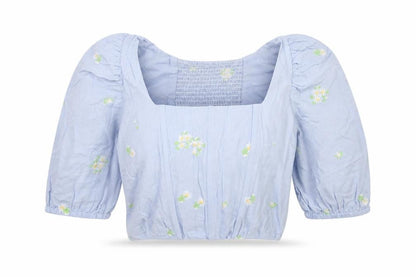 Mango MNG Women Blue M Floral Embroidered Puff Sleeve Square Neck Blouse