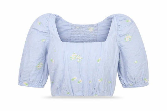 Mango MNG Women Blue M Floral Embroidered Puff Sleeve Square Neck Blouse