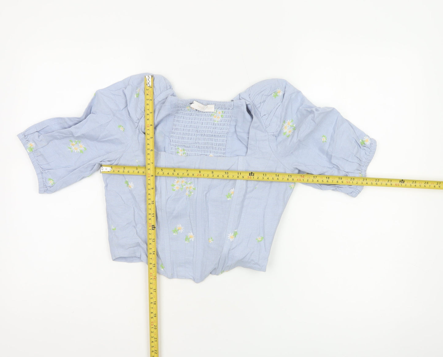 Mango MNG Women Blue M Floral Embroidered Puff Sleeve Square Neck Blouse