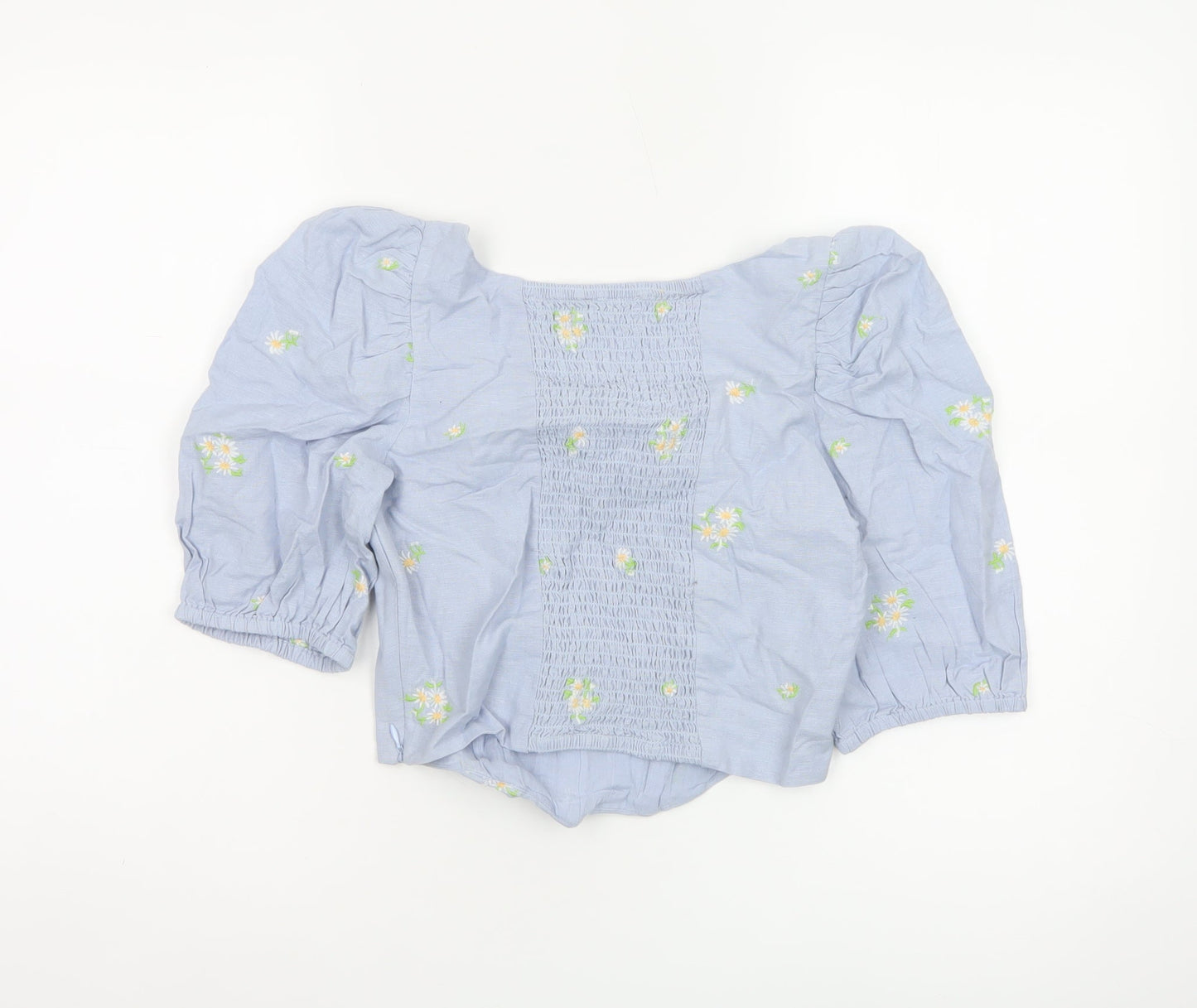 Mango MNG Women Blue M Floral Embroidered Puff Sleeve Square Neck Blouse