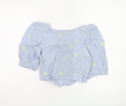 Mango MNG Women Blue M Floral Embroidered Puff Sleeve Square Neck Blouse