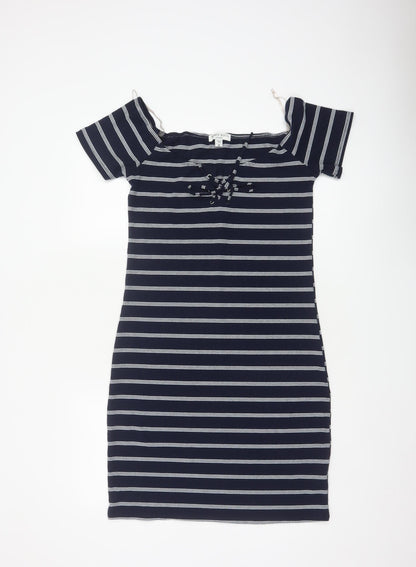 Brave Soul Women Navy Stripe UK 14 Bodycon Off Shoulder Knit Dress
