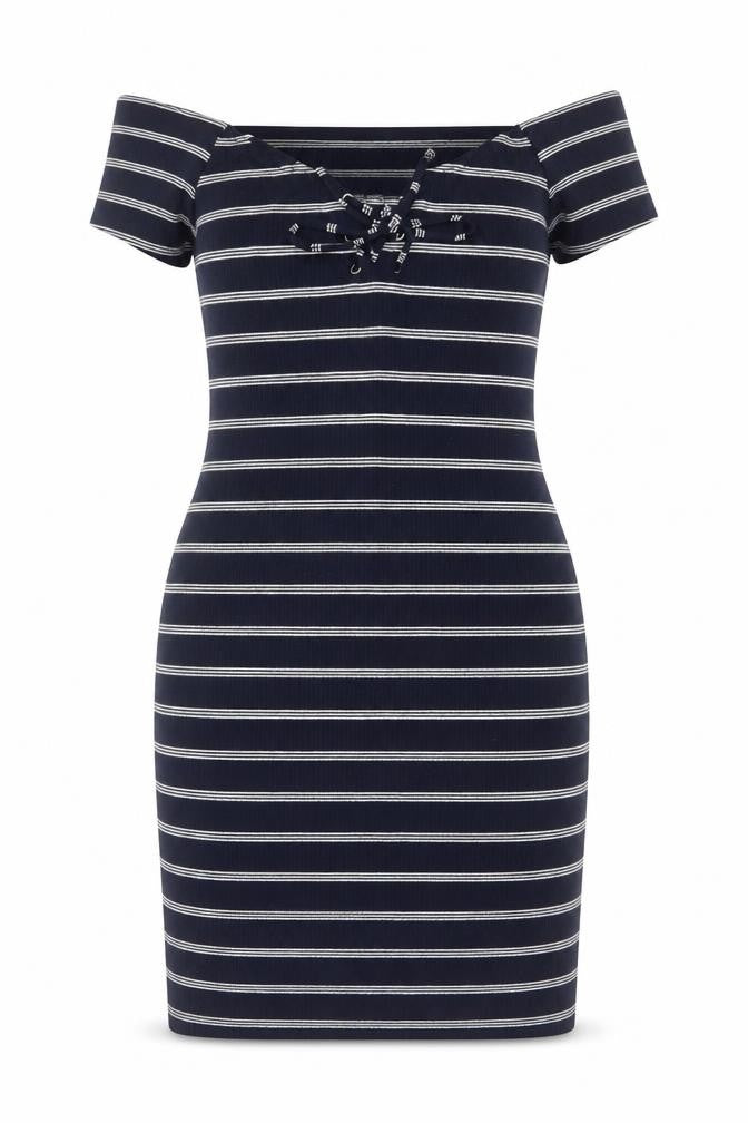 Brave Soul Women Navy Stripe UK 14 Bodycon Off Shoulder Knit Dress