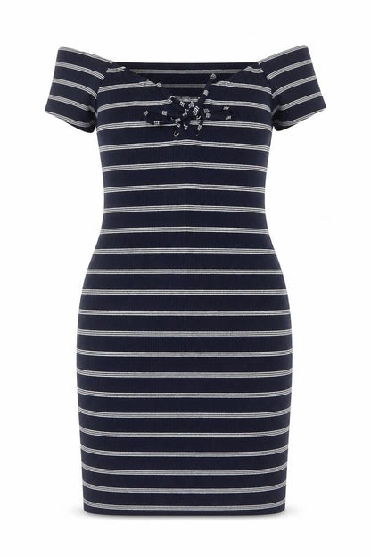 Brave Soul Women Navy Stripe UK 14 Bodycon Off Shoulder Knit Dress