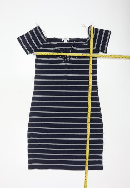 Brave Soul Women Navy Stripe UK 14 Bodycon Off Shoulder Knit Dress