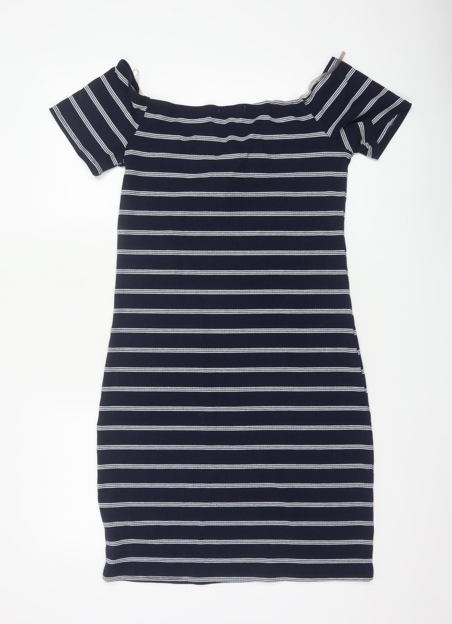 Brave Soul Women Navy Stripe UK 14 Bodycon Off Shoulder Knit Dress