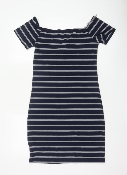 Brave Soul Women Navy Stripe UK 14 Bodycon Off Shoulder Knit Dress