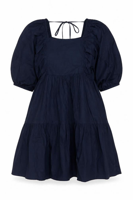 Front view of Nobodys Child Women Blue UK 8 Fit & Flare Puff Sleeve Cotton Dress
