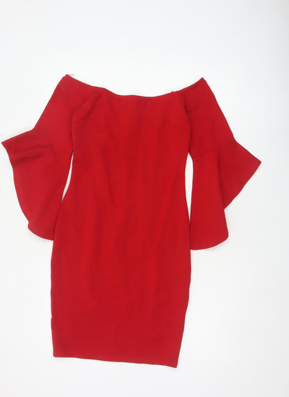 Here Comes Sun Women Red UK 8 Bodycon Off Shoulder Flared Sleeve Dress