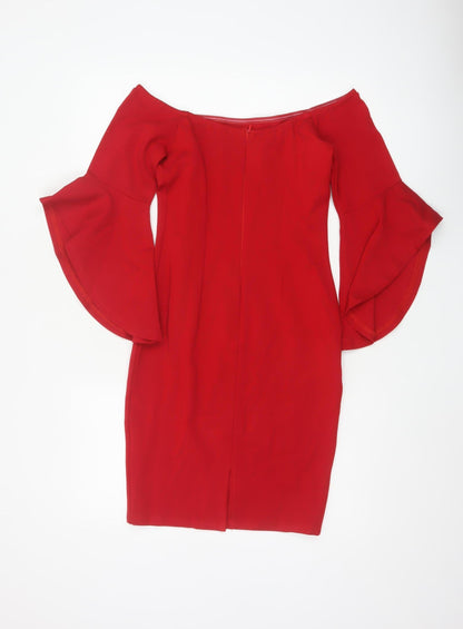 Here Comes Sun Women Red UK 8 Bodycon Off Shoulder Flared Sleeve Dress