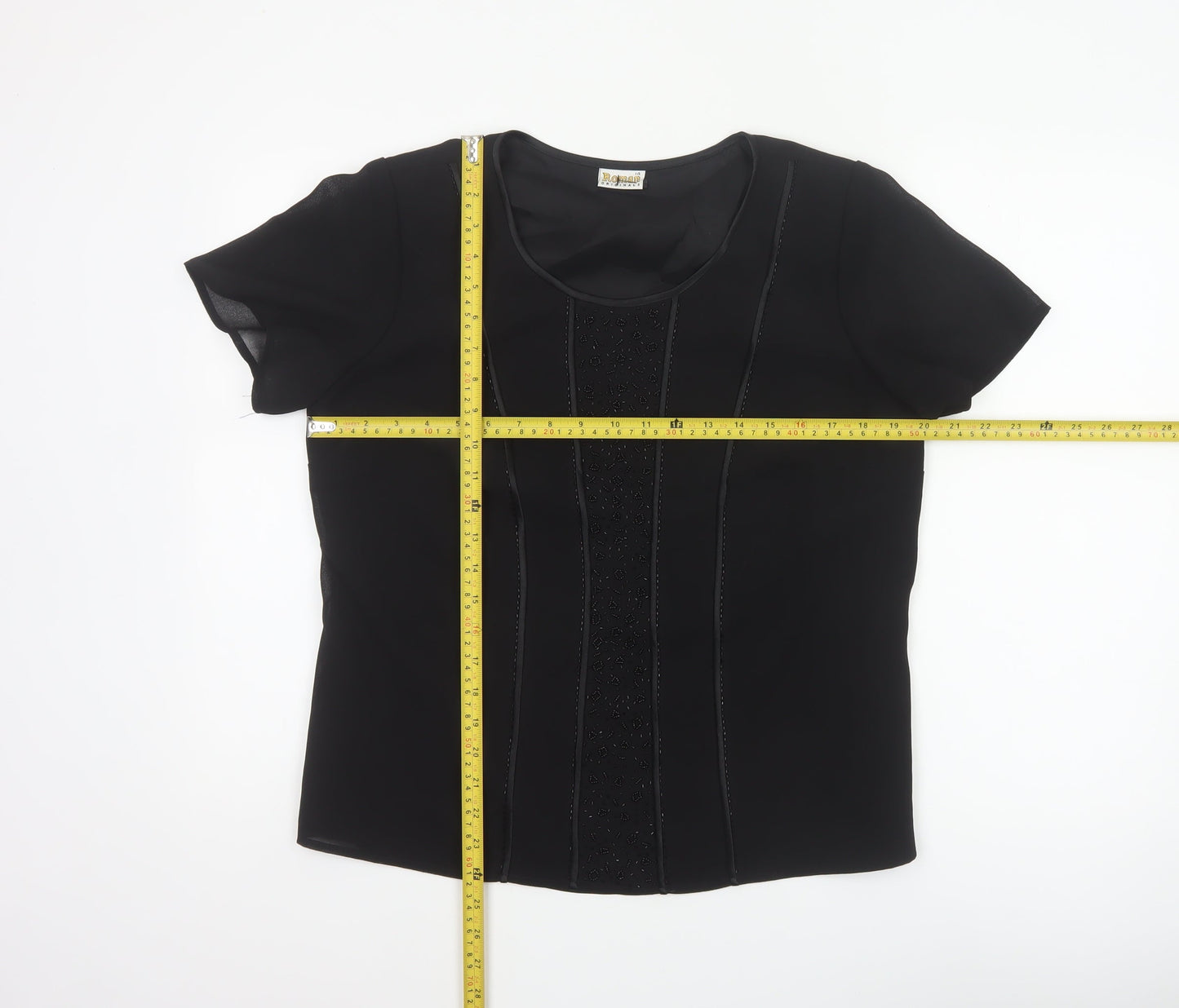 Roman Originals Women Black UK 14 Beaded Chiffon Short Sleeve Blouse
