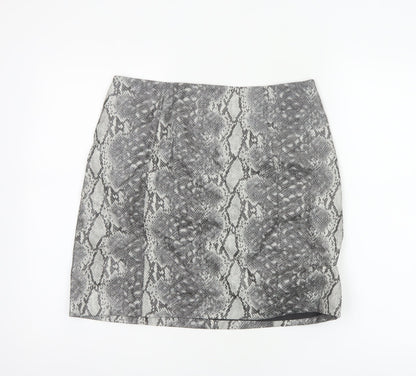 New Look Women Grey Snake Print Mini Pencil Skirt UK 12 Lined Zip