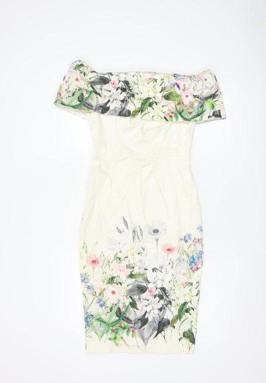 Additional front view of ASOS Women Ivory Floral Off Shoulder Bodycon Dress UK 8 Wedding