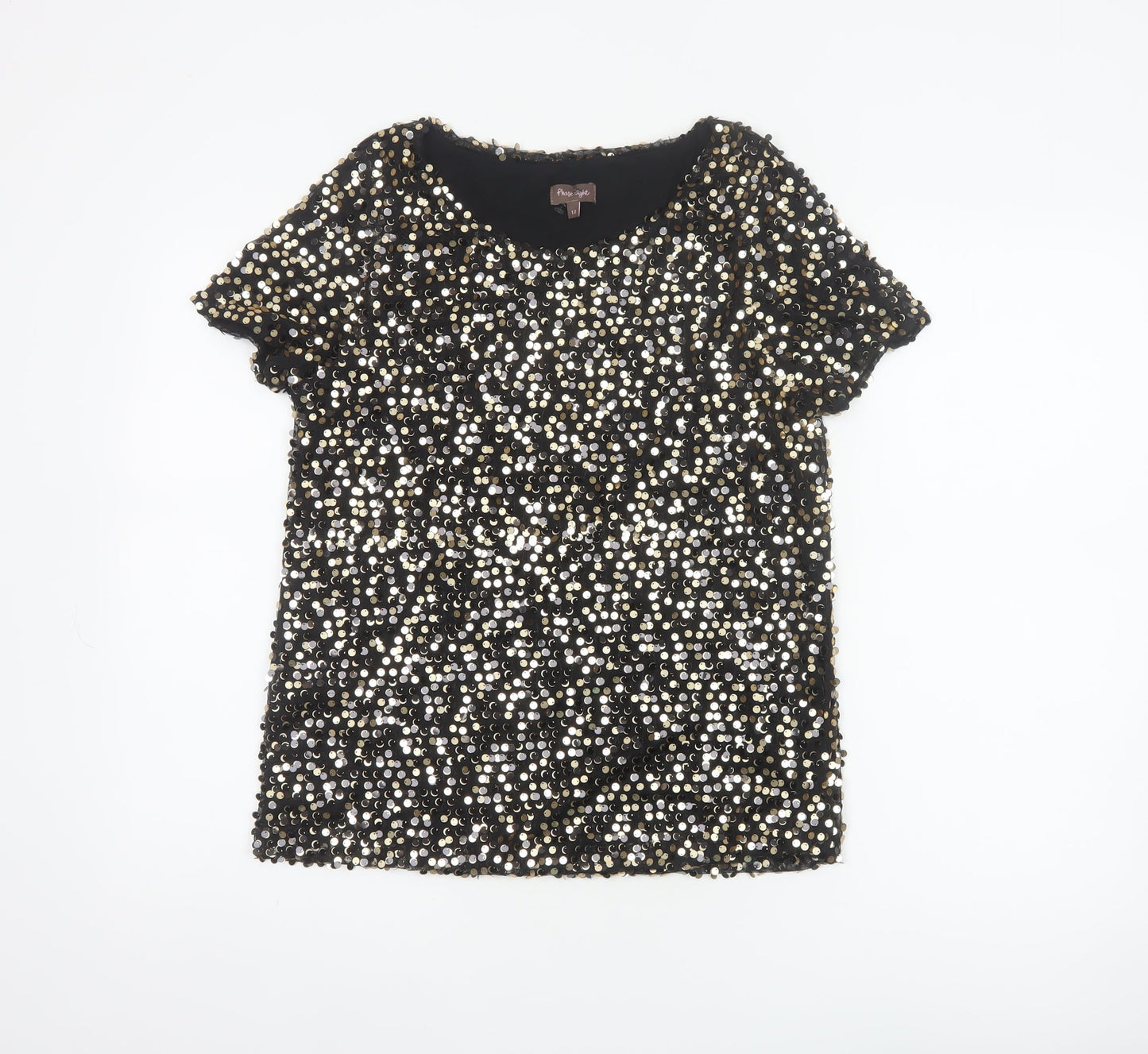 Phase Eight Women Black Gold Silver Sequin Short Sleeve Blouse UK 12