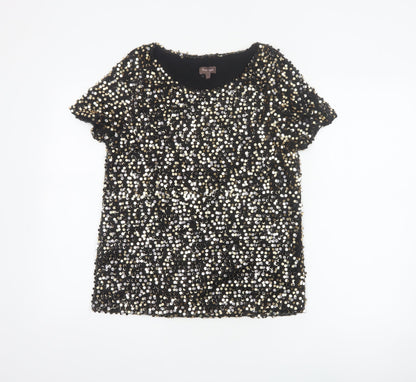 Phase Eight Women Black Gold Silver Sequin Short Sleeve Blouse UK 12