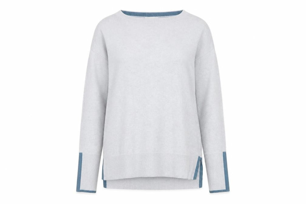 White Stuff Women Grey Blue Trim Knit Jumper UK 6 Crew Neck
