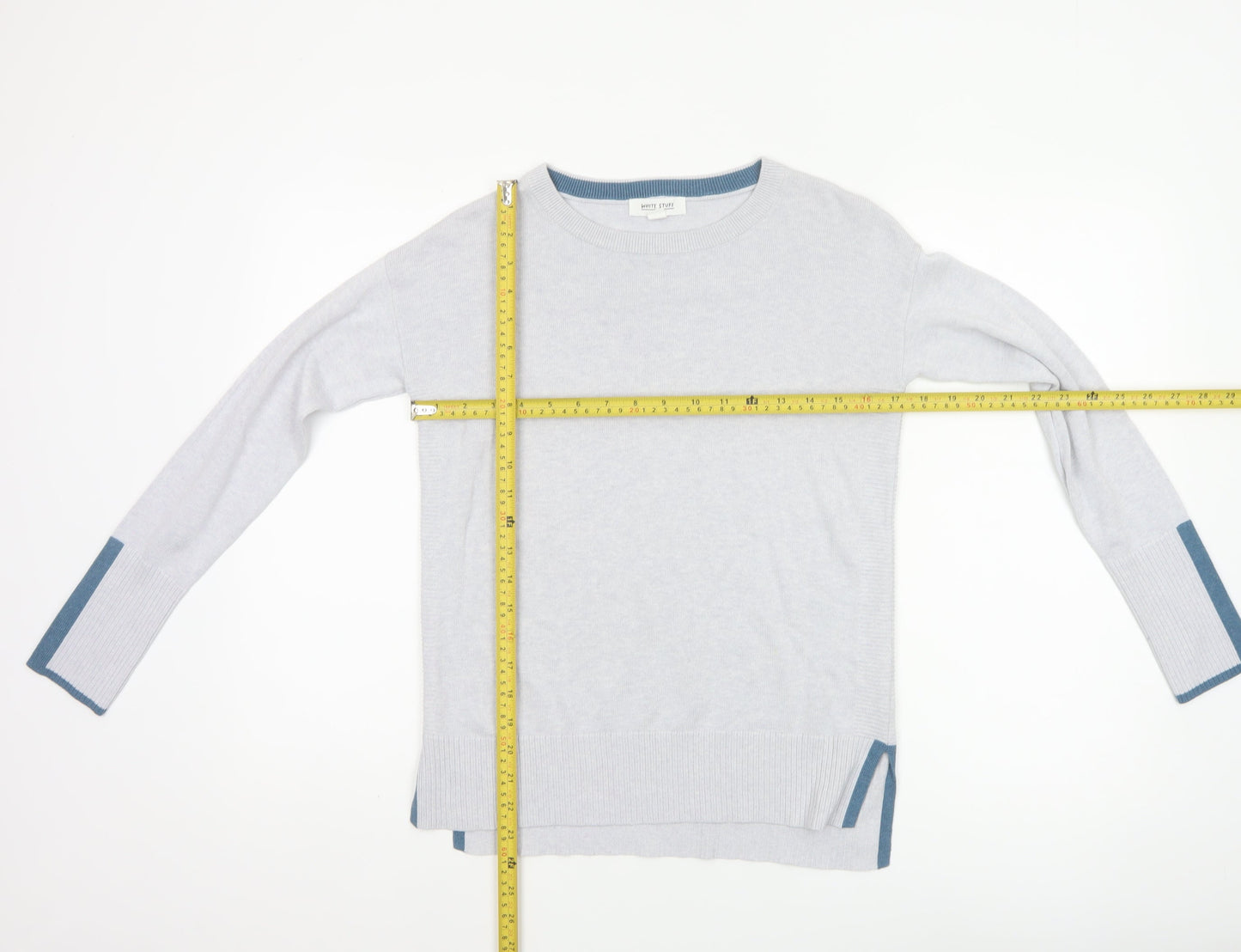 White Stuff Women Grey Blue Trim Knit Jumper UK 6 Crew Neck