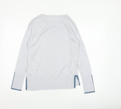 White Stuff Women Grey Blue Trim Knit Jumper UK 6 Crew Neck