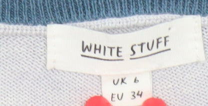 White Stuff Women Grey Blue Trim Knit Jumper UK 6 Crew Neck