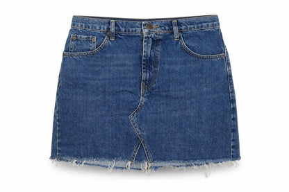 Front view of BDG Urban Outfitters Women’s Blue L Mini Denim Raw Hem Skirt