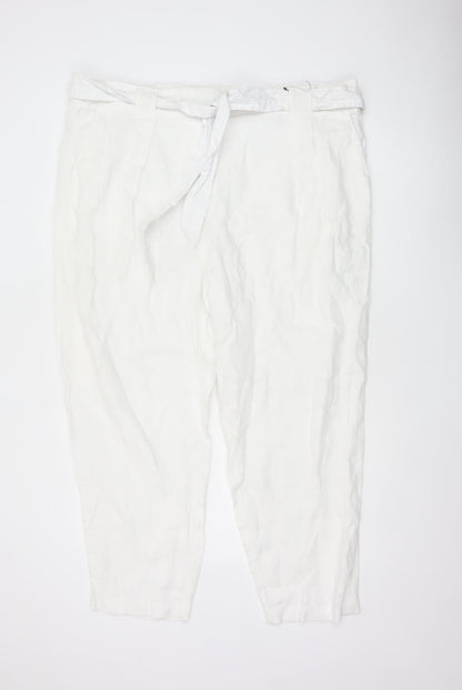 Marks & Spencer Women White Size 22 Linen Belted Tapered Trousers