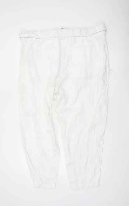 Marks & Spencer Women White Size 22 Linen Belted Tapered Trousers