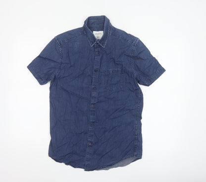 Burton Menswear London Men Blue Small Slim Denim Short Sleeve Button-Up Shirt
