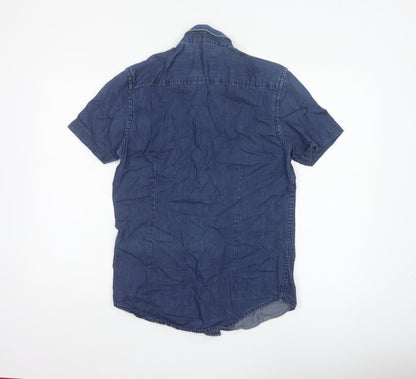 Burton Menswear London Men Blue Small Slim Denim Short Sleeve Button-Up Shirt