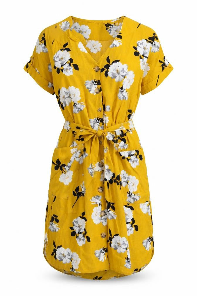 Front view of Dorothy Perkins Women’s Yellow Floral UK 8 Button Front Shirt Dress