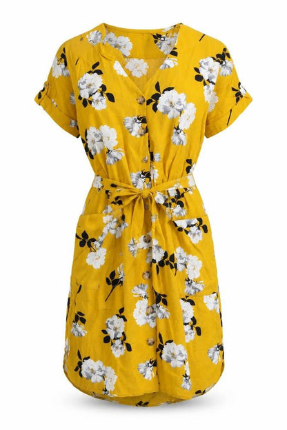 Front view of Dorothy Perkins Women’s Yellow Floral UK 8 Button Front Shirt Dress