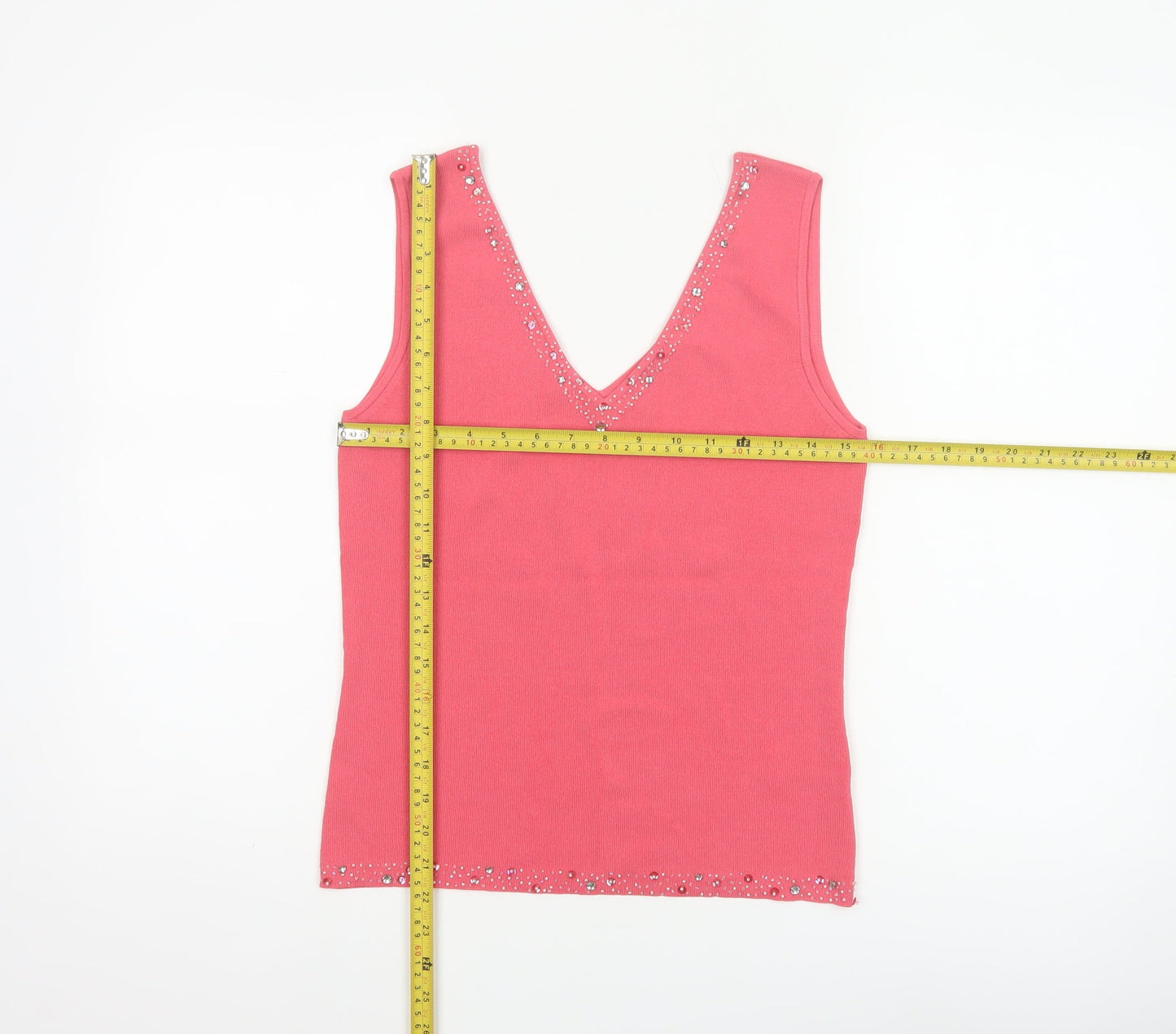 Wallis Women Pink UK 14 Embellished V-Neck Rib Knit Camisole Tank Top